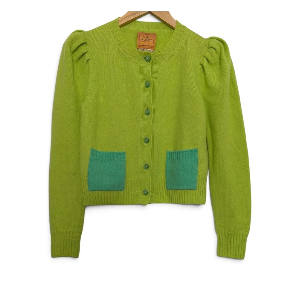 Le Lion Lime Green Puff Shoulder Cardigan Made in Italy Teal Pockets Women Small